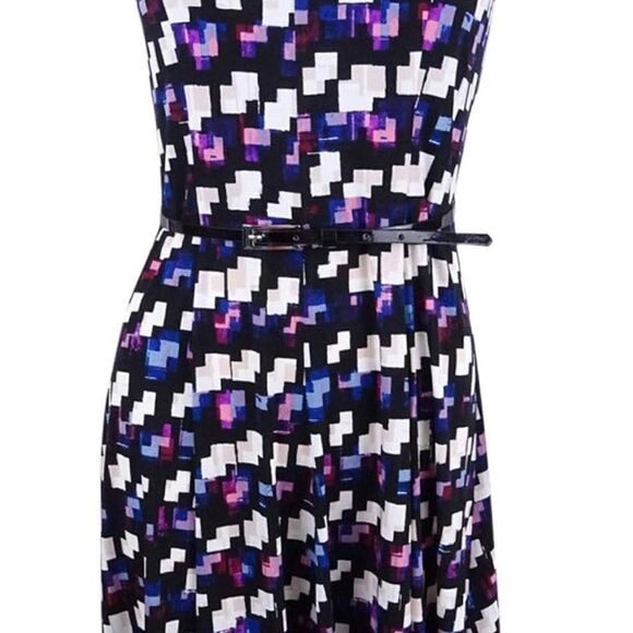JESSICA Howard Midi Black Belted Geometric-Print A-Line Dress Size 10P - Picture 4 of 11